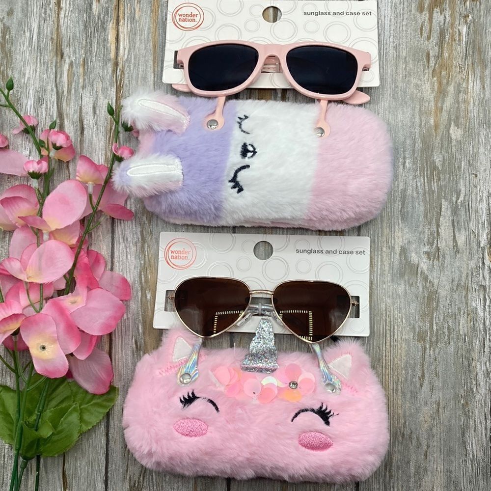 Girls Fun Summer Sunglasses With Unicorn & Bunny Faux Fur Carrying Cases